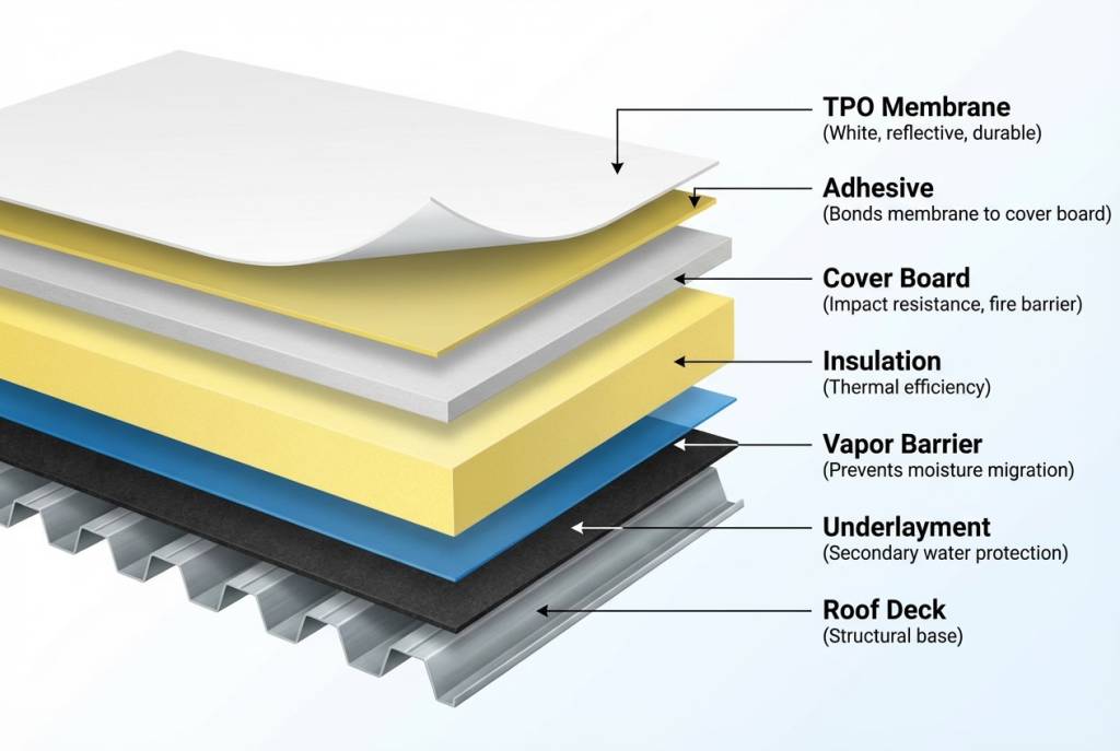 TPO membrane roof installed on a commercial building